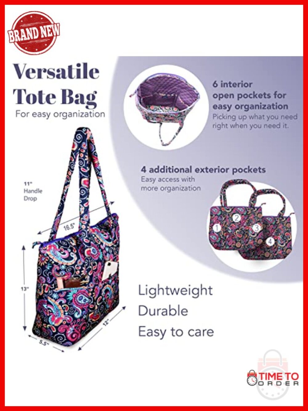 Quilted Shoulder Tote Bag with 10 Pockets - Picture 3 of 3